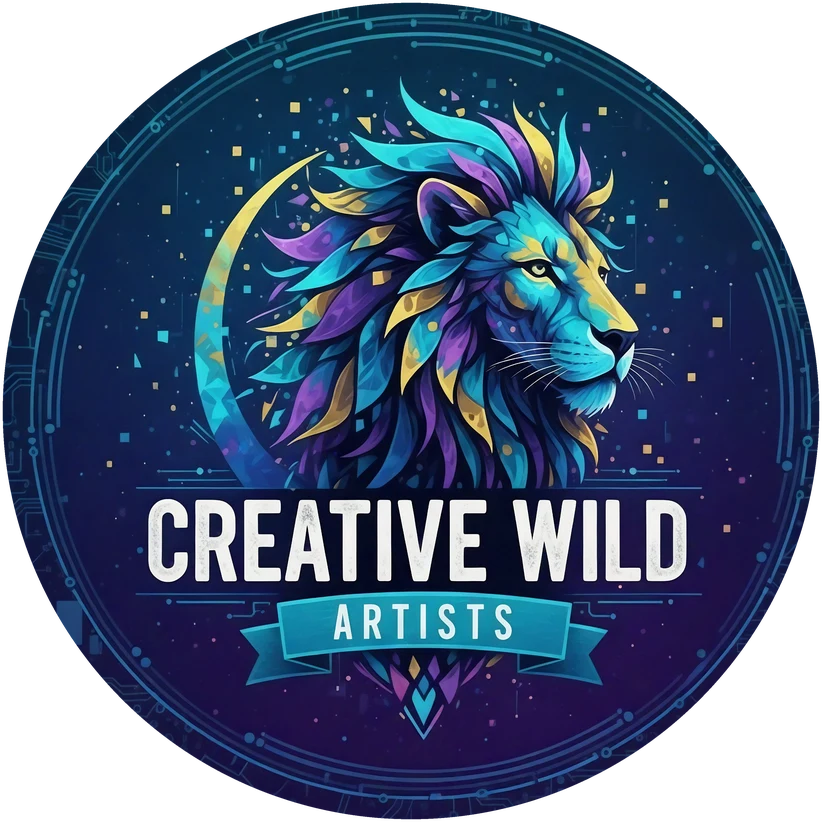 Logotipo de Creative Wild Artists: un león de melena azul, violeta y dorada